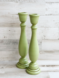 Green candleholders, Green candle holders, Apple green candlesticks, Pair of candlesticks, Wood candle holders, Wood candleholders, Light green, Green, Cottagecore, JaBella Designs, Etsy, Shopify, Made in the USA