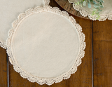 Set of 4 natural ivory round placemats
Add a sense of charm and style to your dining table or home decor projects with these crochet placemats. These placemats are an inexpensive way to bring interesting texture and vintage style to home.
Materials:
100% Cotton
Dimensions:
12" in diameter
Care:
Machine wash cold on gentle cycle.
Do not bleach.
Lay flat to dry. 
Iron if needed.