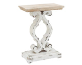 This vintage end table provides style and function. Use this table to hold TV remotes, a lamp, candles, books, a plant or a decorative corbel. The options are endless. The top of the table is made of fir wood. The table base offers unique curves for a vintage-inspired appeal. This is a great piece for a smaller space and would make a great gift for a recent college graduate. 