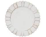 Ivory distressed plate chargers  Bring your table decor to the next level with these gorgeous plate chargers. Featuring a light, ivory finish, and shaped with an antiqued scalloped trim, the round charger plates add a graceful note. Pair with elegant dinnerware and linen table napkins for a timeless display.  These chargers, which are not food safe, are sold individually or in lots of four.  Materials: Plastic  Dimensions: 13" in diameter overall