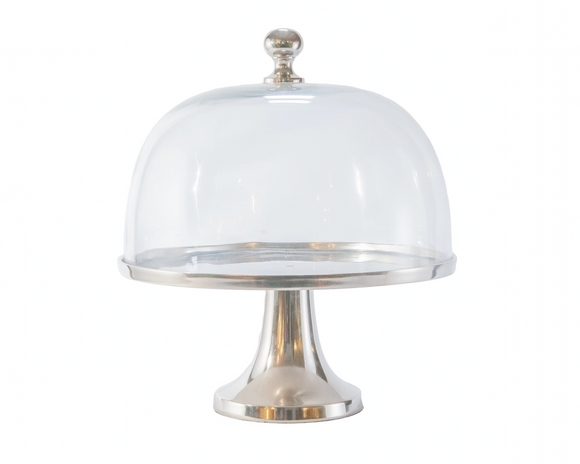 Experience the elegance and functionality of this cake stand. It is a great size for showcasing your baked goods. It will add a touch of sophistication in your kitchen and dining room. It comes with a silver finish and a glass dome cover that is topped with silver handle.  Materials: Glass, aluminum  Dimensions: 12