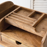 Wooden desk organizer with drawer
Meticulous design with attention to detail, this wood desk organizer has it all. It is made from solid mango hardwood and has a drawer, small shelf, book nook, three small office supply holders, and a pen holder. This is a great choice for a dorm room or small office.
Materials:
Wood
Dimensions:
8 1/2" high x 9 3/4" deep x 14 1/2" wide