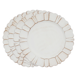 Ivory distressed plate chargers  Bring your table decor to the next level with these gorgeous plate chargers. Featuring a light, ivory finish, and shaped with an antiqued scalloped trim, the round charger plates add a graceful note. Pair with elegant dinnerware and linen table napkins for a timeless display.  These chargers, which are not food safe, are sold individually or in lots of four.  Materials: Plastic  Dimensions: 13" in diameter overall