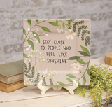 A greenery and floral motif surrounds the saying, "Stay close to people who feel like sunshine," on this painted wood plate, which features shades of taupe, ivory, and green. It will look great in a cottagecore-inspired collection. This particular plate is designed by artist Michelle Kildow.