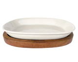 Stoneware baking dish with mango wood base, Casserole dish, White casserole baking dish, Kitchen serveware, Kitchen serving tray, JaBella Designs