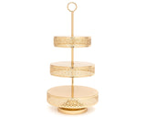 Make a statement at your wedding or next event with this gorgeous cake stand. It features an interlocking detail design along each tier and is topped with a matching round handle for easy transport. This piece really is quite pretty.  Materials: Metal  Dimensions: 12" in diameter x 23" tall 