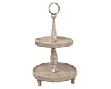 Weathered vintage style wooden tiered tray
This freestanding tiered tray features three wooden legs, two wooden tray tiers, and two distressed beams for support. The tray features a weathered finish with bits of faded white paint. It is perfect for displaying decorative fruit, fillers, and other decorative accessories. 
Materials:
Wood
Dimensions:
12" diameter x 21" high