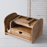 Wooden desk organizer with drawer
Meticulous design with attention to detail, this wood desk organizer has it all. It is made from solid mango hardwood and has a drawer, small shelf, book nook, three small office supply holders, and a pen holder. This is a great choice for a dorm room or small office.
Materials:
Wood
Dimensions:
8 1/2" high x 9 3/4" deep x 14 1/2" wide