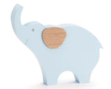 This decoupaged blue elephant-shaped photo holder features a wooden clip on the back of the trunk. The wooden elephant has a raised wood grain ear. It can be used for photos, notes, or just as a shelf sitter. This is a lovely choice for a baby shower gift.<br>