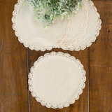 Set of 4 natural ivory round placemats
Add a sense of charm and style to your dining table or home decor projects with these crochet placemats. These placemats are an inexpensive way to bring interesting texture and vintage style to home.
Materials:
100% Cotton
Dimensions:
12" in diameter
Care:
Machine wash cold on gentle cycle.
Do not bleach.
Lay flat to dry. 
Iron if needed.