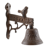 Cast iron bird-themed garden sign with bell