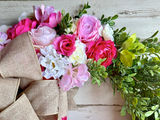 Fuchsia pink floral boxwood greenery wreath