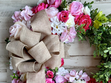 Fuchsia pink floral boxwood greenery wreath