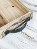 Long rustic wood bark tray with metal handles