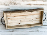 Long rustic wood bark tray with metal handles