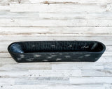 Long decorative centerpiece bowl, Black distressed primitive style trug, Black treenware