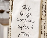 White kitchen dish towel
Add charm to your kitchen with this white cotton dish towel. It comes with a hanging loop in one corner for easy hanging on hooks and knobs. The towel reads, "This house runs on coffee & Jesus" in black script. This towel makes for a great housewarming gift.
Dimensions:
Cotton
Dimensions:
28" high x 28" long
