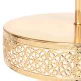 Make a statement at your wedding or next event with this gorgeous cake stand. It features an interlocking detail design along each tier and is topped with a matching round handle for easy transport. This piece really is quite pretty.  Materials: Metal  Dimensions: 12" in diameter x 23" tall 