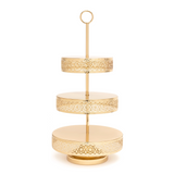 Make a statement at your wedding or next event with this gorgeous cake stand. It features an interlocking detail design along each tier and is topped with a matching round handle for easy transport. This piece really is quite pretty.  Materials: Metal  Dimensions: 12" in diameter x 23" tall 
