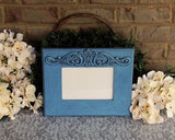 Coastal farmhouse chic blue ornate wooden 5x7 wall collage gallery picture frame for the home, Embellished wood photo frame, 5x7 landscape frame, Southern Living style, made in the USA, JaBella Designs, Shopify