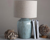 Coastal farmhouse blue green stoneware table lamp with linen shade, JaBella Designs