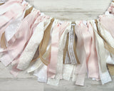 Shabby farmhouse chic banners, JaBella Designs, Boho style party decorations, White, Burlap, Lace, Pale pink, Ivory, Antique white, Off white, Long fabric banners