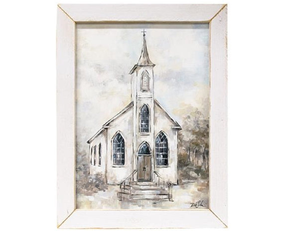 This lovely picture is a watercolor-style print that features a small, white church with a tall steeple and ornate windows. It comes in a distressed, white, painted wood frame with a pre-drilled keyhole opening on the back for hanging. This item is proudly made in the USA.