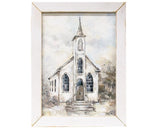 This lovely picture is a watercolor-style print that features a small, white church with a tall steeple and ornate windows. It comes in a distressed, white, painted wood frame with a pre-drilled keyhole opening on the back for hanging. This item is proudly made in the USA.