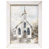 This lovely picture is a watercolor-style print that features a small, white church with a tall steeple and ornate windows. It comes in a distressed, white, painted wood frame with a pre-drilled keyhole opening on the back for hanging. This item is proudly made in the USA.