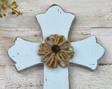Distressed spa blue burlap small wood cross