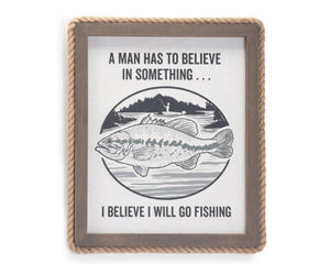 Rustic fishing-themed neutral wall hanging art