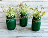 Mason Jars, Painted mason jars, Forest green mason jars, Forest green party decorations, Wedding decor, Country wedding, Cottagecore wedding, Forest wedding, JaBella Designs