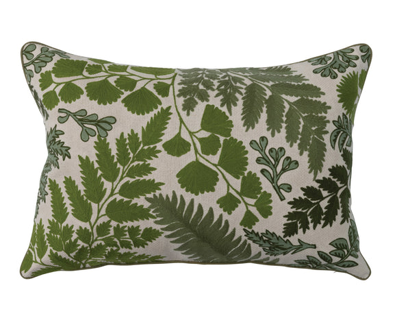Embroidered lumbar pillow with green botanicals