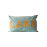 Decorative lumbar pillow with 'Lake' applique