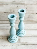 Coastal blue, light blue wood candlesticks, set of 2 blue candle holders, farmhouse candlesticks
