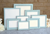 Upcycled hand-painted frames in robin's egg blue, Light blue, Blue green, Muted aqua blue, Pale aqua blue