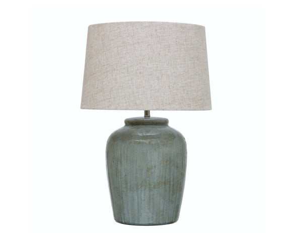 Stoneware table lamp with linen shade, Blue green lamp, Stoneware lamp with reactive glass, Coastal living, Beach house decor, Table lamp, Modern farmhouse, JaBella Designs, CC