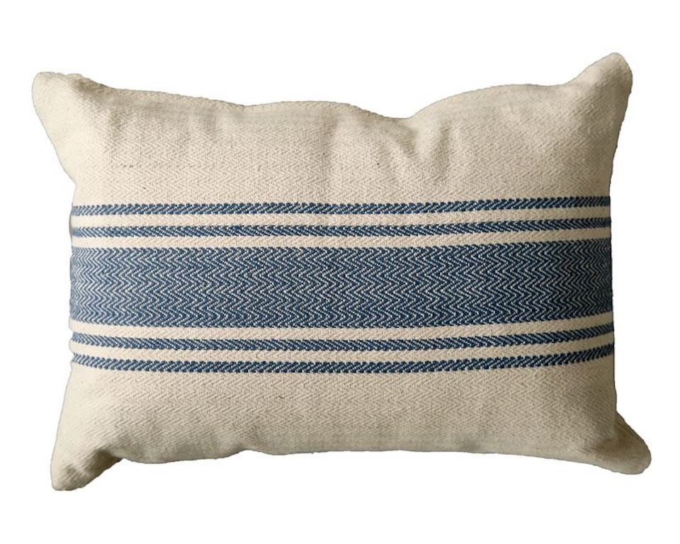 Cotton Lumbar Pillow with Embroidered Curved Pattern & Tassels, Cream Color & Blue