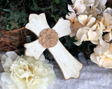 Painted brown burlap embellished antique white distressed wooden cross home decor