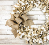 Rustic brown & white rag-tie fabric wreath