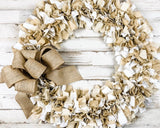 Brown and white fabric wreath, Rustic farmhouse rag tie wreaths, Neutral wreath decor, Made in the USA, JaBella Designs