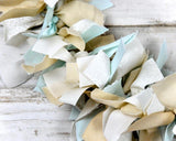 Robin's egg blue, Rag tie garland, Fabric banner, Fabric garland, White, Ivory, Tan, Khaki brown, Handmade, Farmhouse chic, Shabby chic, JaBella Designs
