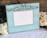 robin's egg blue, embellished picture frames, photo frame, 5x7 blue picture frame, duck egg blue, shabby farmhouse chic, cottage chic, hand-paiinted picture frame, made in the usa, jabella designs