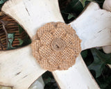 Small distressed antique white and burlap scallop wall cross