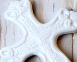 White Cross, Ceramic, Porcelain, Ornate Cross, Decorative Cross, Figurines, Shabby Chic, Cottage Style, Farmhouse Chic, Coastal Farmhouse, Traditional, Christian Decor, Home Decor, Shelf Decor, Mantel Decor, JaBella Designs, Burton and Burton