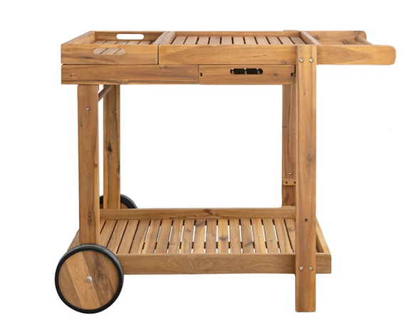 Entertain in style with this lovely bar cart. It is made of durable wood and comes with wheels on one end for easy moving. The cart also has a removable tray and drawer for storage. This is a great gift choice for a newlywed couple.

Materials:
Wood, rubber

Dimensions:
31 1/2
