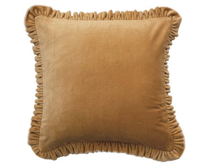 This square cotton velvet pillow, in a bold mustard color, is a statement of luxury with its ruffled trim adding a dimensional texture. Designed to complement transitional styles, it serves as a versatile piece that can elevate the aesthetic of any space. The combination of cotton and polyester ensures both a lavish feel and practical durability. With its generous size, this pillow invites anyone to embrace both comfort and high-end design. Whether placed on a sofa, bed, or accent chair, this luxurious pill