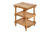 A rustic three-tier wooden side table with woven cane shelves, shown on a solid white background.