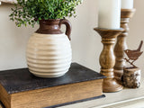 Small brown pitcher with ribbed crackle glaze
