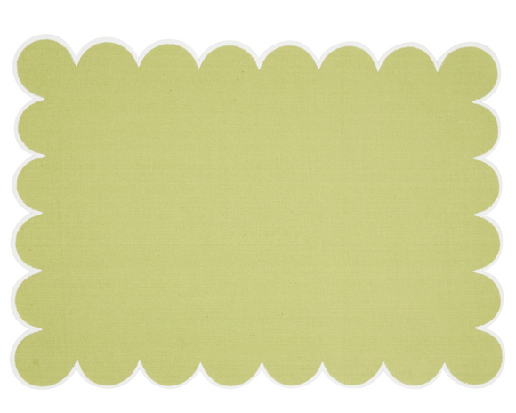 Apple green scalloped hem dining table placemat

These lovely placemats are perfect for your country farmhouse dining area. Each placemat features a scalloped edge with a white hem along the border. These are a stylish way to romanticize the ordinary. 

These placemats are sold individually or in sets of four.

Materials:
Cotton blend

Dimensions:
14